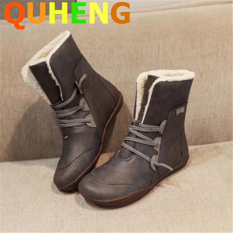 

Large Size Women's Cotton Shoes 2020 Winter New Plus Plush Warmth Ladies Snow Boots Retro Casual Lace-Up Low-Top Boots, Gray
