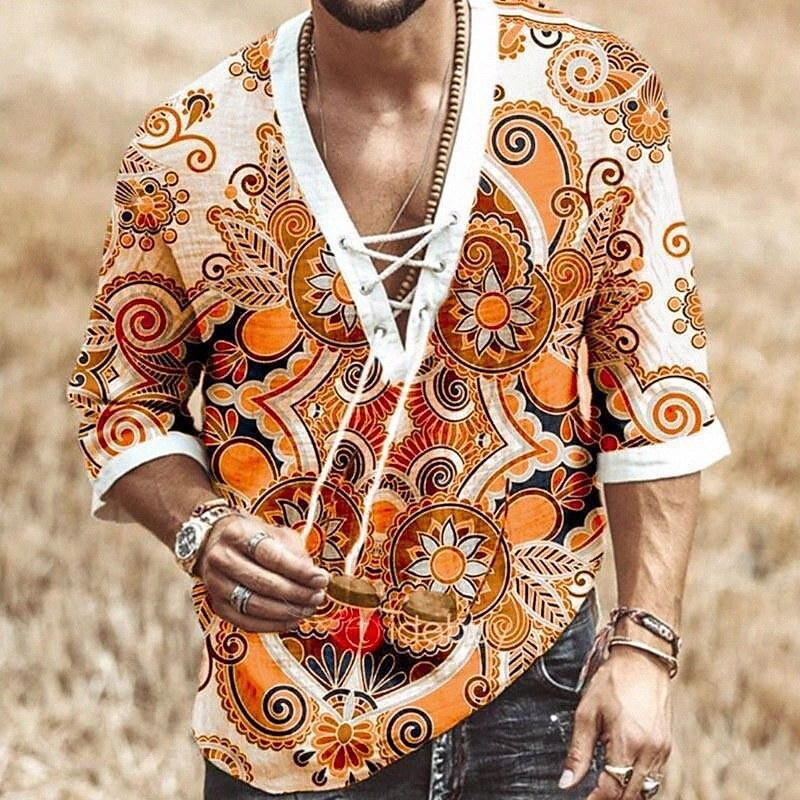 Men's Shirt Floral V Neck Casual Daily Drawstring Short Sleeve Tops Casual Fashion Breathable Comfortable White Orange Navy Blue b6my#