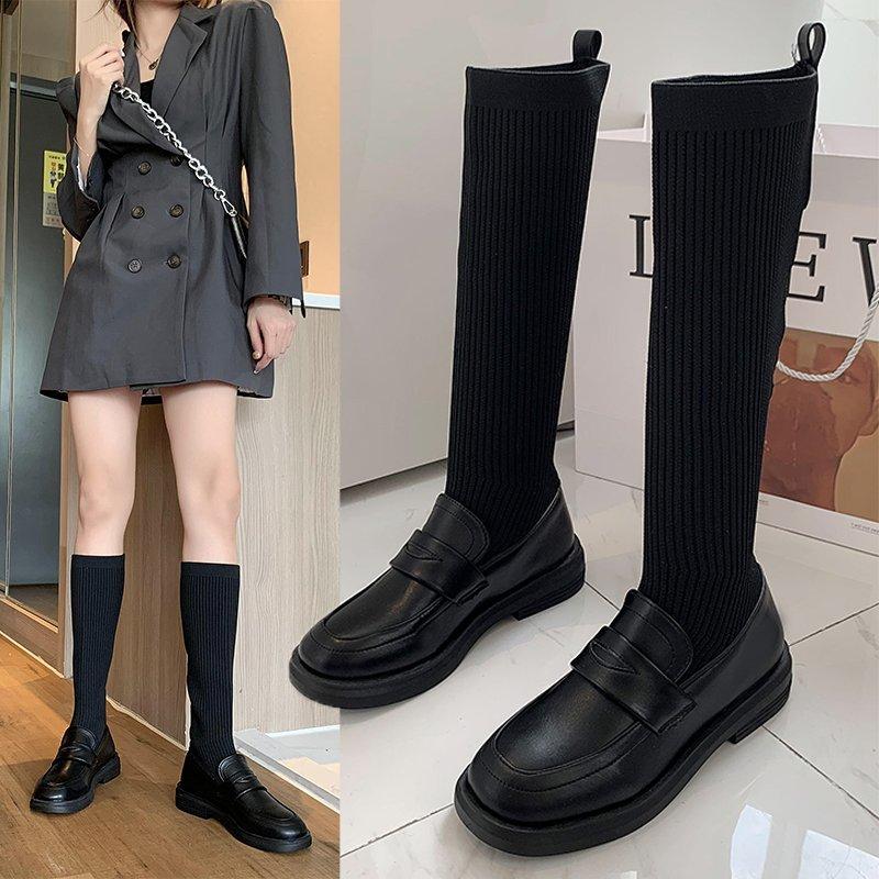 

Ladies Stretch High Boots Stovepipe Boots Round Head Solid Color All-match Casual Flat Black Patchwork Women's