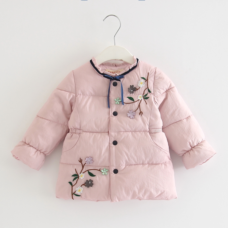

2021 New Children Outerwear Winter Warm Girls Coat Infant Baby Parkas Thick Kids Clothes with Flowers Appliques Pink Green 0-3y Skqc