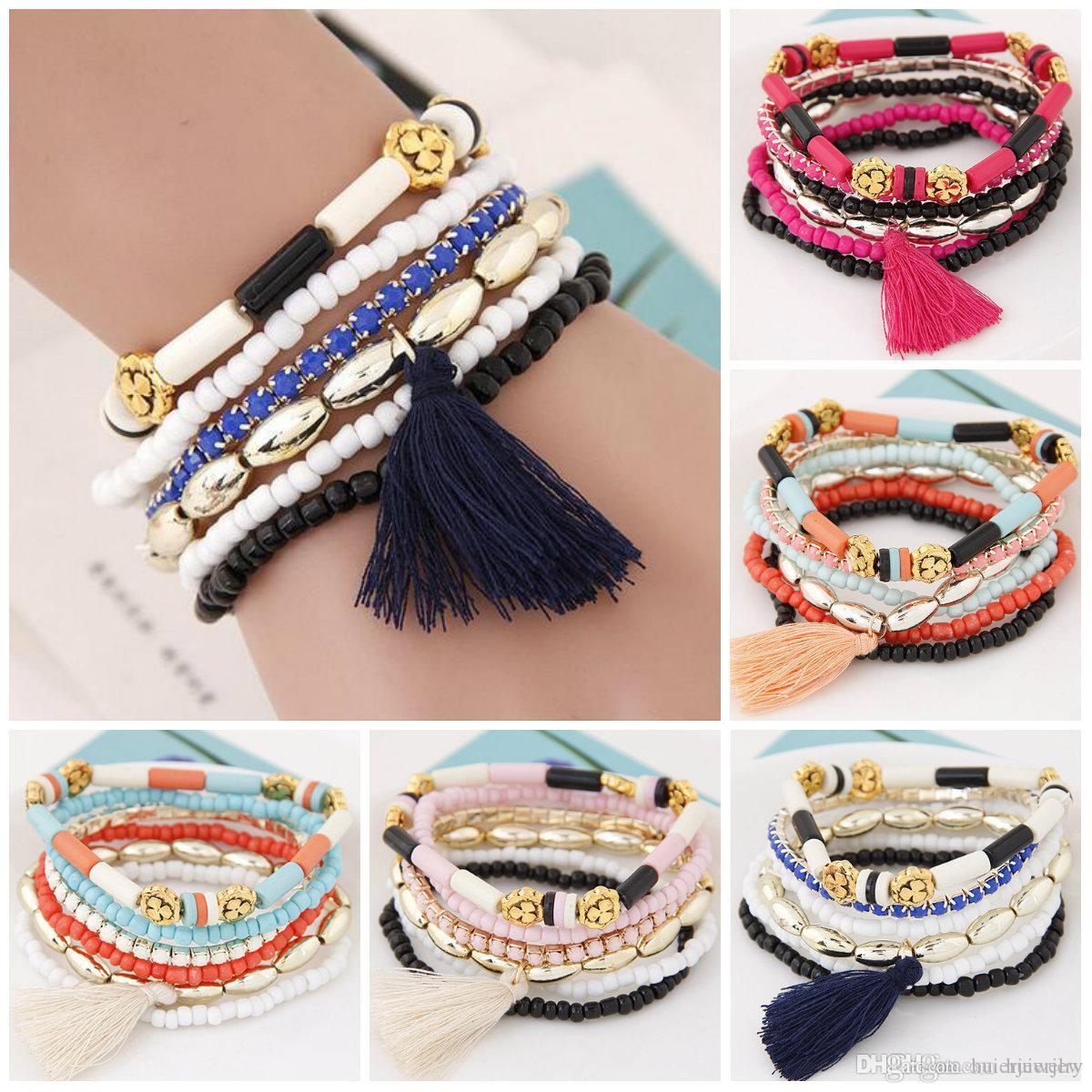 Mujeres Boho Style Retro Elástico Brazalete Pulsera Multicapa de Flor de cadena de cuentas de CB