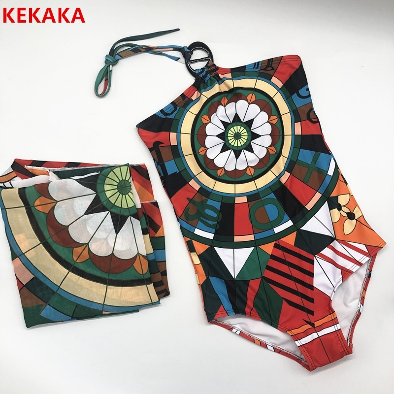 

With Cover-Up Vintage Green Cartoon Print Halter One Piece Swimsuit Women Sexy Swimwear Bodysuit Monokini Bathing Suits Y200319, Only swimsuit