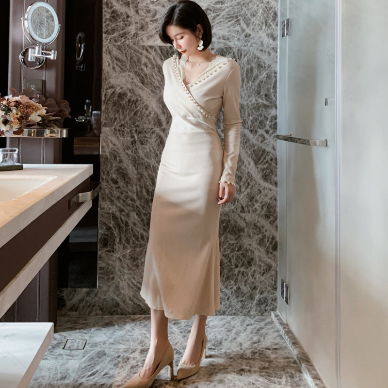 

2021 New Elegant female autumn mesh long thin ladies pencil dress QA4A, Apricot