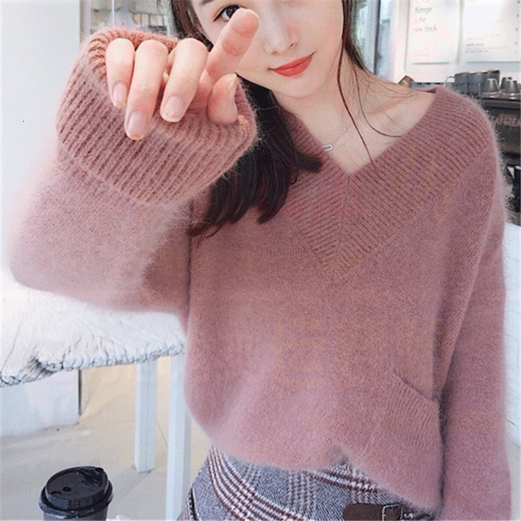 

2021 New Mink Cashmere Mohair Oversized Sweater Women Autumn Winter Sexy V-neck Batwing Sleeve Jumper Pull Femme Hiver Pullover Xjio, Brown