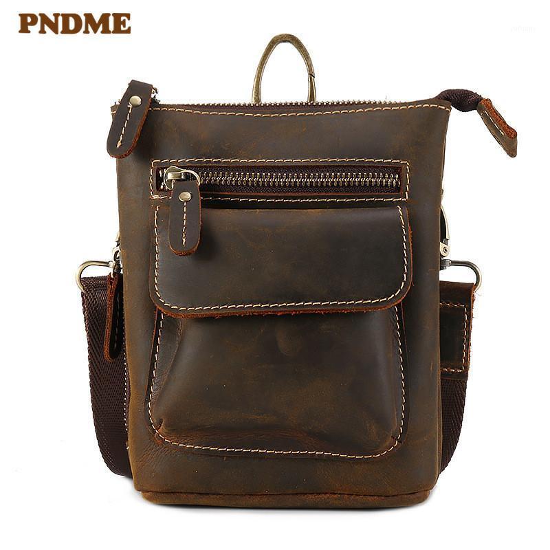 

PNDME casual simple multi-function genuine leather men's waist packs vintage cowhide small shoulder messenger bags belt bag1, Brown