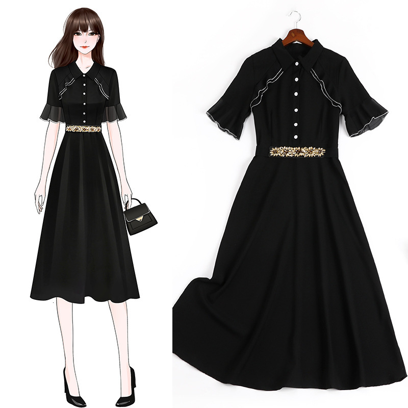 

Size Design Sense Daisy Belt 2021 Xia Xin Lotus Leaf Black 11106 Women's Summer Dress Mand