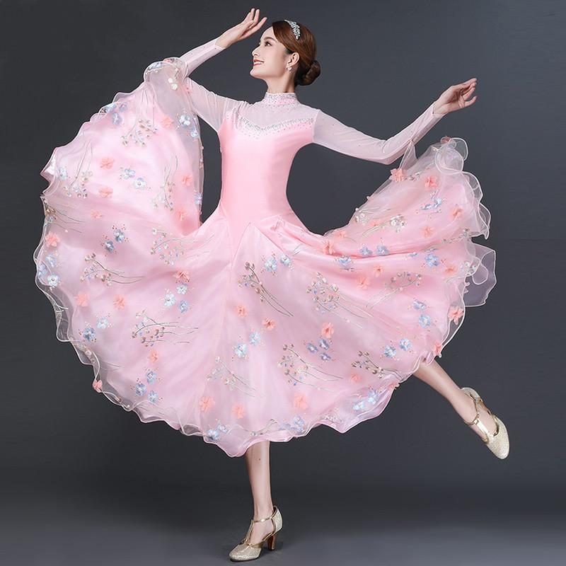 

Pink Long Sleeves Perspective Flower Embroidery Women Standard Ballroom Dress Rumba Dress Waltz Dance Costumes Tango, Red
