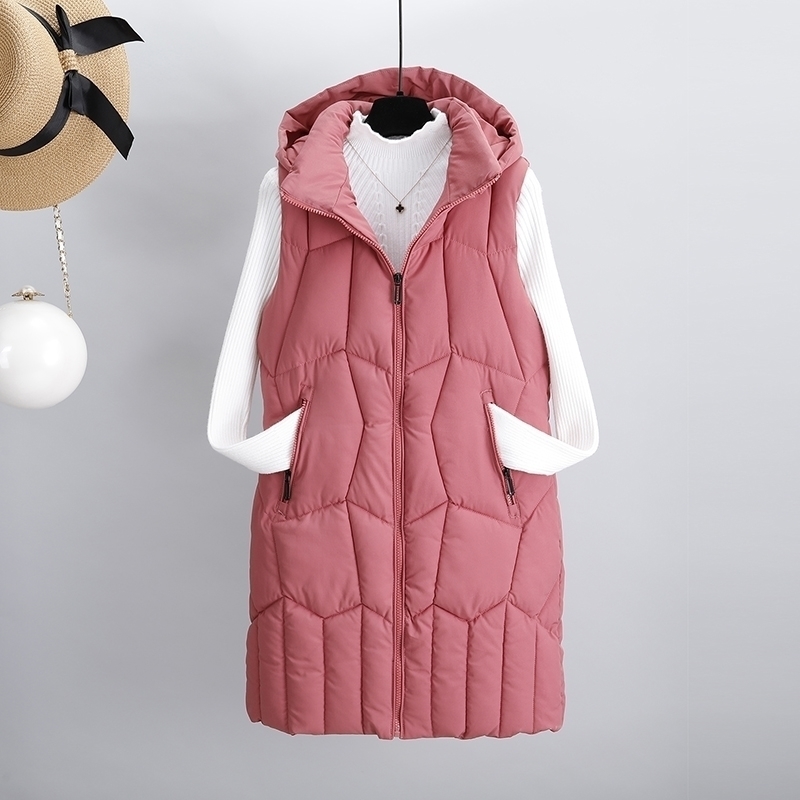 

Thick Warm Long Women's Vest Korean Winter Down Waistcoat Female Casual Hooded Zipper Sleeveless Jacket Long Vests Parkas 201120, Black