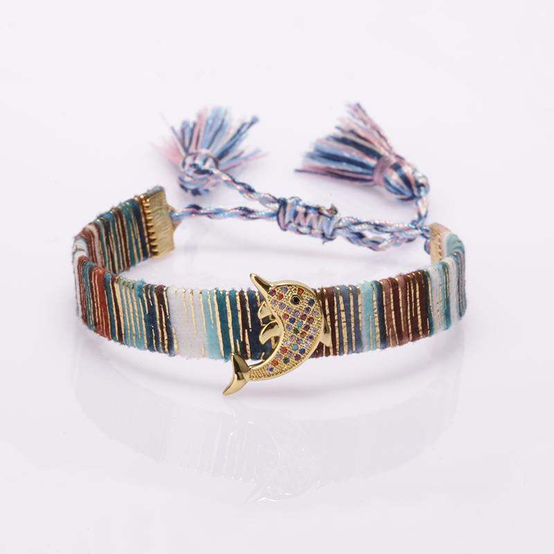 

blue red green mixed cz goldfish sign ethnic boho bohemia soft cotton silk tassel tail wristband adjustable bracelet for woman