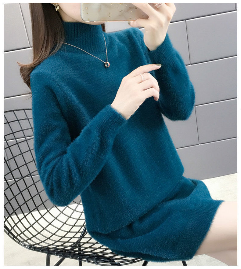 

2021 New Women's Pullover Female Autumn Winter Mid-length Sweater Half High Collar Coat Imitation Mink Veet Long-sleeved Top M7me, White