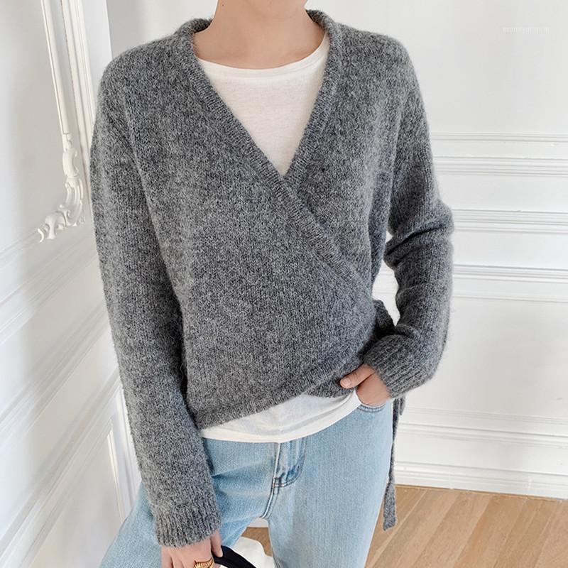 

Women Gray V-neck Knitted Cardigan Lace-up Long Sleeve Loose Simple Knit Sweaters1, As pic