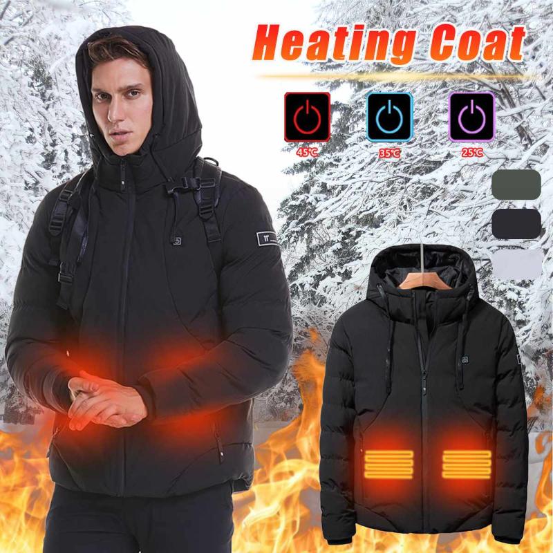 

Men Winter Jacket USB Heated Heating Hooded Jacket Down Cotton Coat Thermal Clothing Outdoor Sport Hiking Skiing Windbreaker, Black
