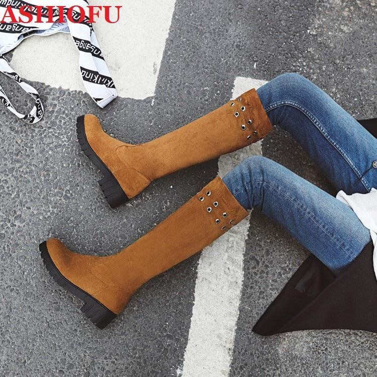 

ASHIOFU Hot 2020 New Handmade Women's Boots Thick Soles Party Prom Mid-calf Boots Evening Club Winter Fashion Brown Shoes1, As pic