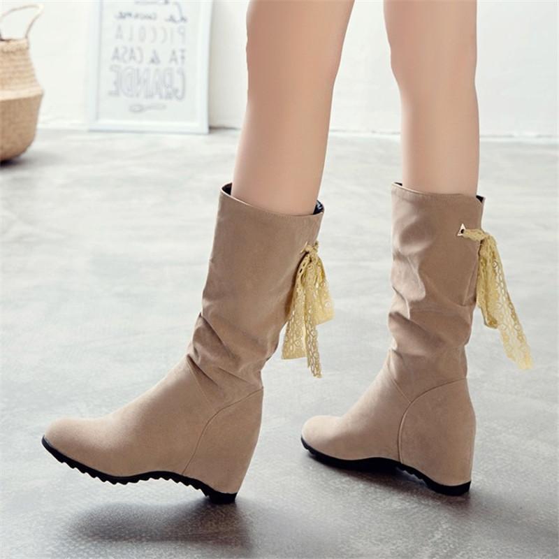 

PXELENA Autumn Winter Women Mid Calf Boots Flock Faux Suede Hidden High Heels Booties Female Daily Shoes Black Plus Size 34-43, Black autumn