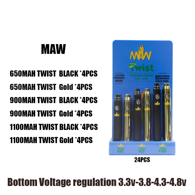 

MAW TWIST Bottom Adjustable Voltage Battery 510 thread Thick Oil Voltage 3.3-4.8V 650mah 900mah 1100mah 24pcs A Display box DHL Free