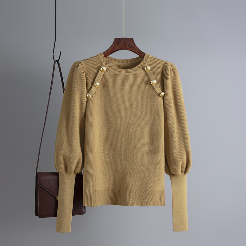 

2021 New Autumn Winter Four Colors Slim Waist Pullovers O-neck All-match Knitted Sweater Puff Sleeve Soft Warm Tops Womens At42, White