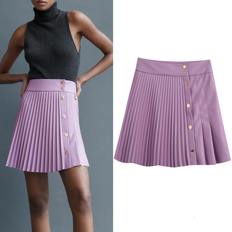 

2021 New Summer Faux Leather Pleated Mini Skirts Women Vintage High Waist Metal Snap Button Ladies Purple Black Sexy Skirt Ozju, Lavender