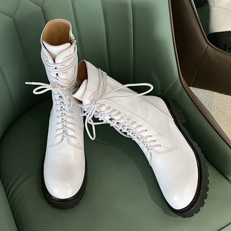 

2021 New Lace-up Genuine Leather Ladies Boots Side Elegant Thick High Heels Pumps Autumn Winter Motorcycle Shoes Woman Wea2, Black 37cm