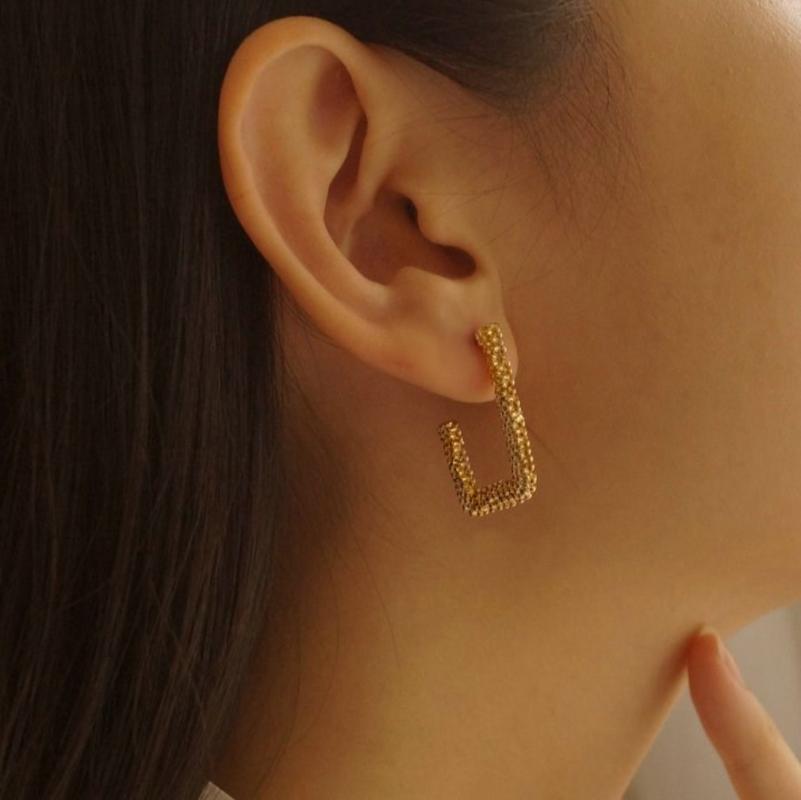 

J Textured Statement Earrings Gold Plated Brass rectangle Hoop Earrings Minimalist Metal Jewelry For Ladies
