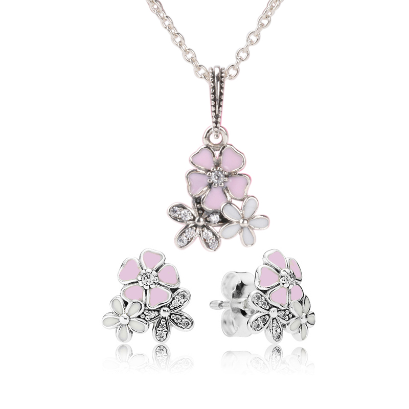 

Authentic 925 Sterling Silver Pink Enamel flower Pendant Necklace Earring Set with box for Pandora Jewelry Womens Earrings