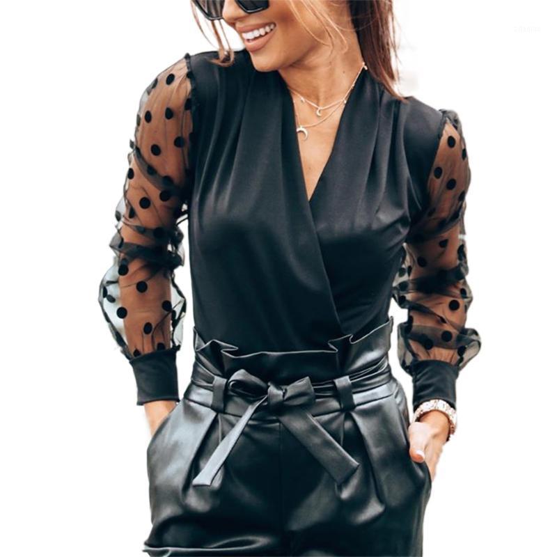 

Women See-through Polka Dot Top Mesh Patchwork Sexy deep V-Neck long sleeve, beautiful temperament and fashion Shirts1, Black