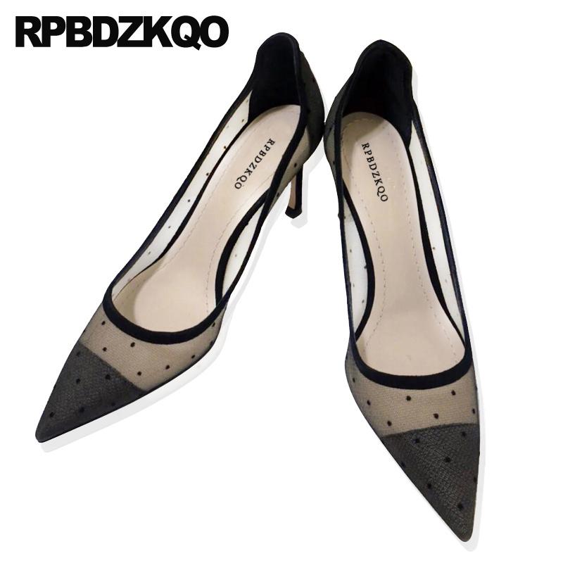 

thin black high heels ladies polka dot pointed toe mesh fashion stiletto ultra extreme 8cm quality designer shoes pumps super, Black 6cm