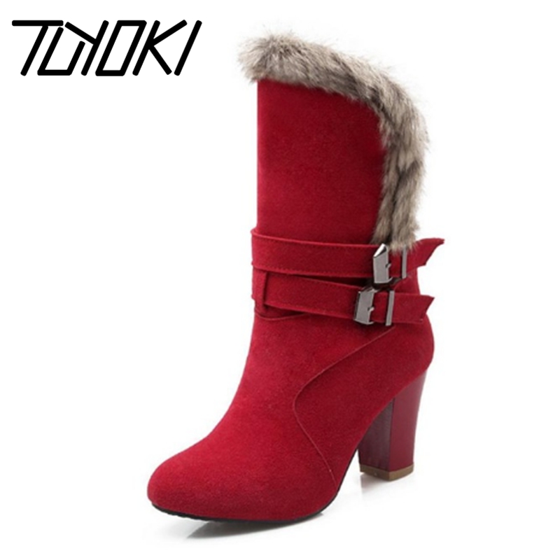 

Tuyoki Size 33-43 4 Colors Winter Warm Plush Fur Boots Women High Heel Shoes Round Toe Metal Buckle Boots Women Footwear, Black