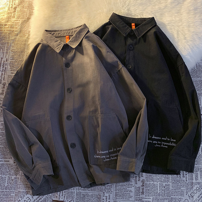 

2021 New Spring New Stripe Retro Work Done Men's Jacket Tools with Long Sleeves Beautiful All-match Black 3OSW