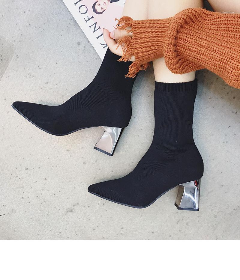 

2002 New Winter Thick Heels Socks Boots Women Stretch Fabric Elastic Stilettos Heel Pointed Toe Ankle Boots Shoes Woman Boats1, Black