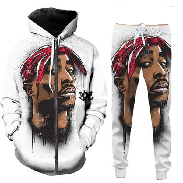 

2021 New fashion Men/Women Tupac 2Pac zipper hoodie and pants two-piece fun 3D overall printed Tracksuits, Silver