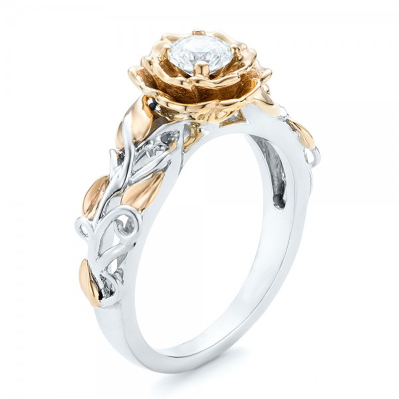 

Hot Explosions Jewelry Gold-plated Double Color Ring European and American Flowers Female Ring Creative Diamond Ring