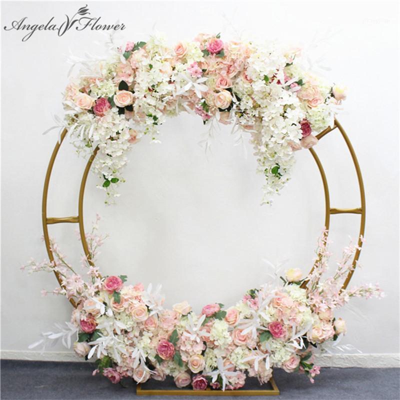 

130cm artificial flower row runner decor party event wedding backdrop iron arch stand road lead Hydrangea rose peony olive leaf1, Blue