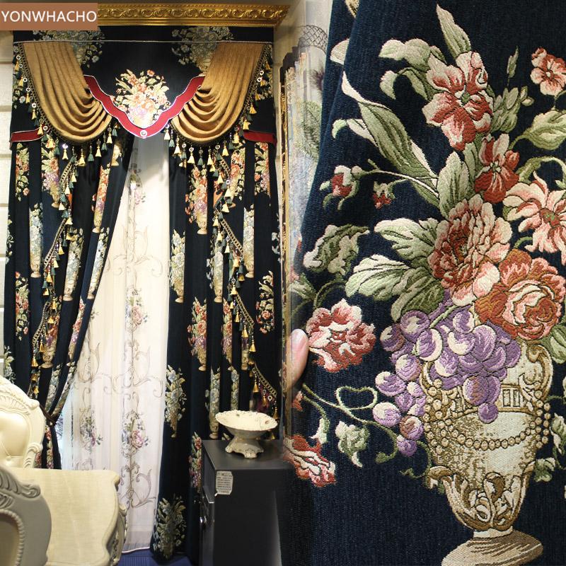 

Custom curtains American villa high-end chenille jacquard living room dark blue cloth blackout curtain valance tulle panel B533, As pic