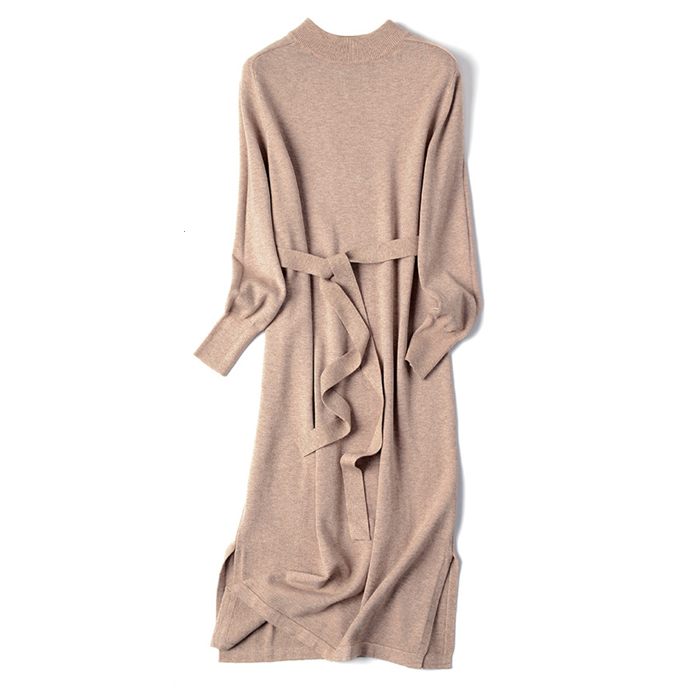 

New 2021 Chic A-line Basic Autumn Winter Sweater Women Loose Elegant Female Knit Midi Dress P0w8, Apricot