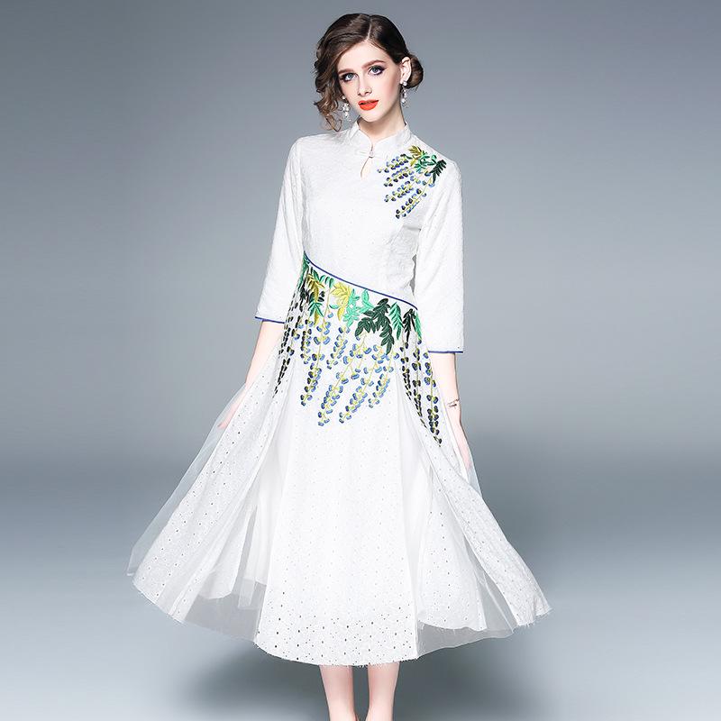 

Dress Women Spring Summer Fashion Chinese Style Stand Collar Vintage Embroidery Lace White Improved Cheongsam Dress Midi -XXL