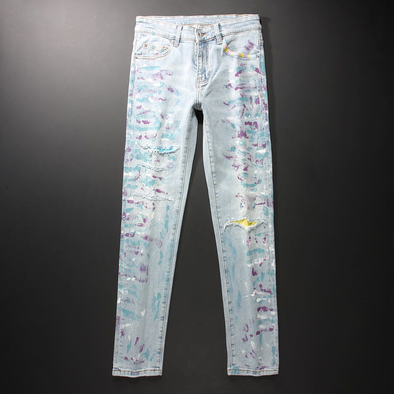 

2021 New American Streetwear Fashion Men High Quality Light Blue Painted Designer Ripped Jeans Elastic Slim Fit Hip Hop Long Pants 625k