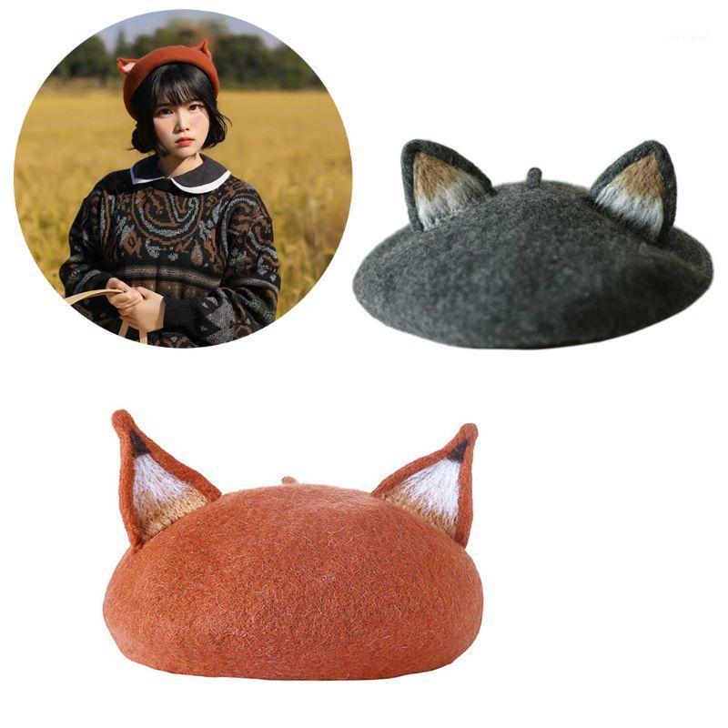 

Berets Women Girls Retro Beret Cap Cute 3D Cat Pointed Ears Faux Felt Painter Hat D08E1