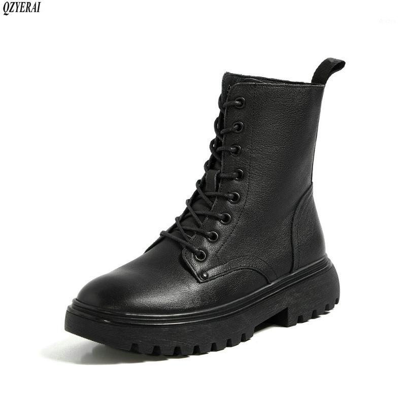 

New Women Ankle Boots Genuine Leather Lace-up Autumn Winter boot Woman Low heel flat Female Short Motorcycle boots Botas1, Black