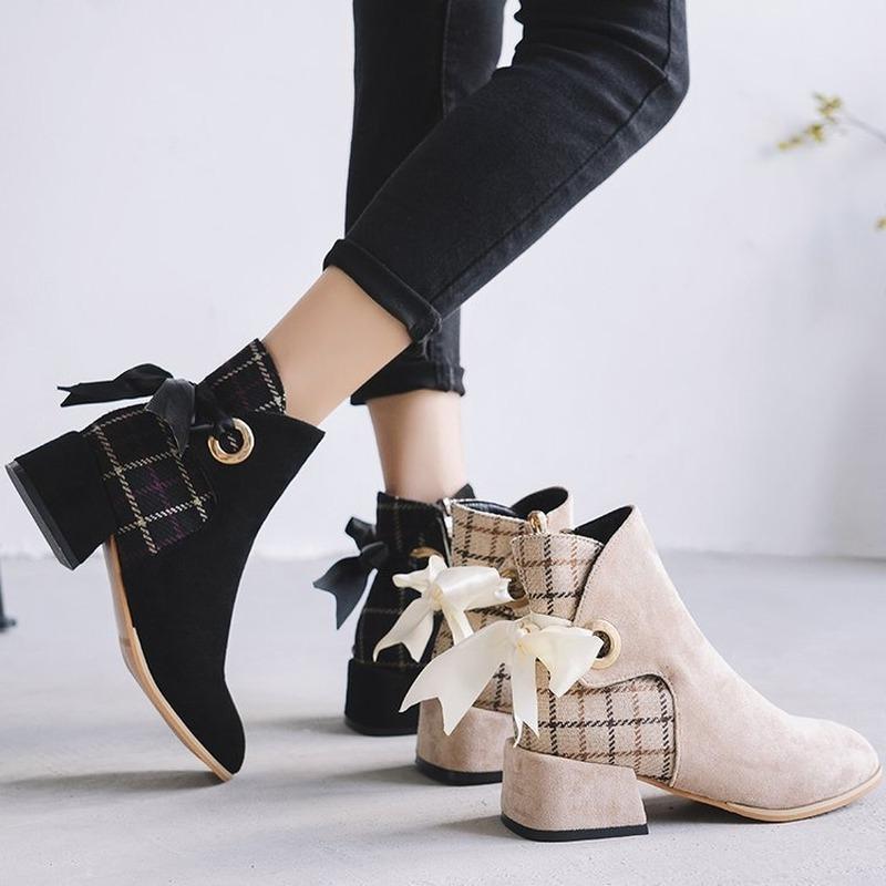 

New 2020 Women's Boots Bow Knot Cloth Mid-heel Suede Snow Boots Round Toe Thick-heeled Cloth Side Zipper Short Tube, Black
