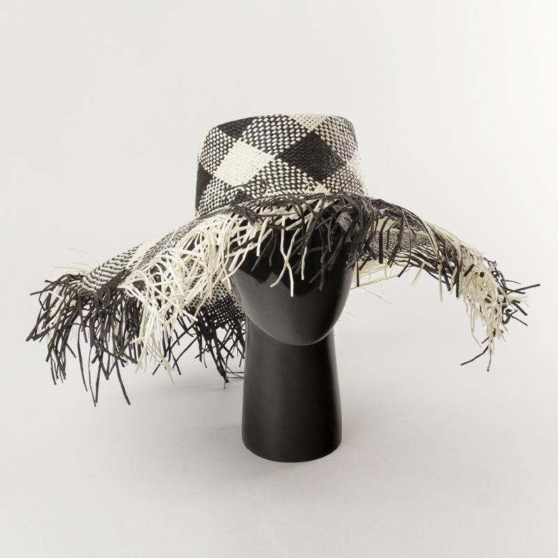

202008-HH7428 black patchwork white handmade paper geometry plaid tassels holiday lady sun cap women beach leisure hat, As pic