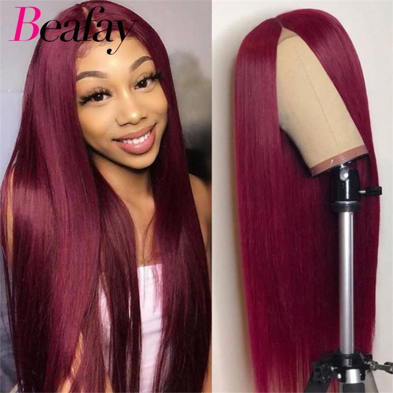 

180% T Part Lace Frontal Wig 99J Lace Wig 13*1 Remy Front Burgundy Straight Human Hair Pre Plucked With Baby Hair, Body