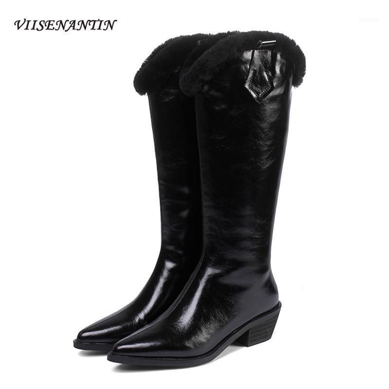 

New Fashion White Genuine Leather V-pointed Western Cowboy Boots Women Thick-heeled Knight Boots Plus Velvet High Mid-calf1, Black
