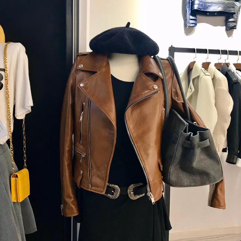 

Women' Genuine leather coat short slim real sheepskin coat motorcycle jacket, Black
