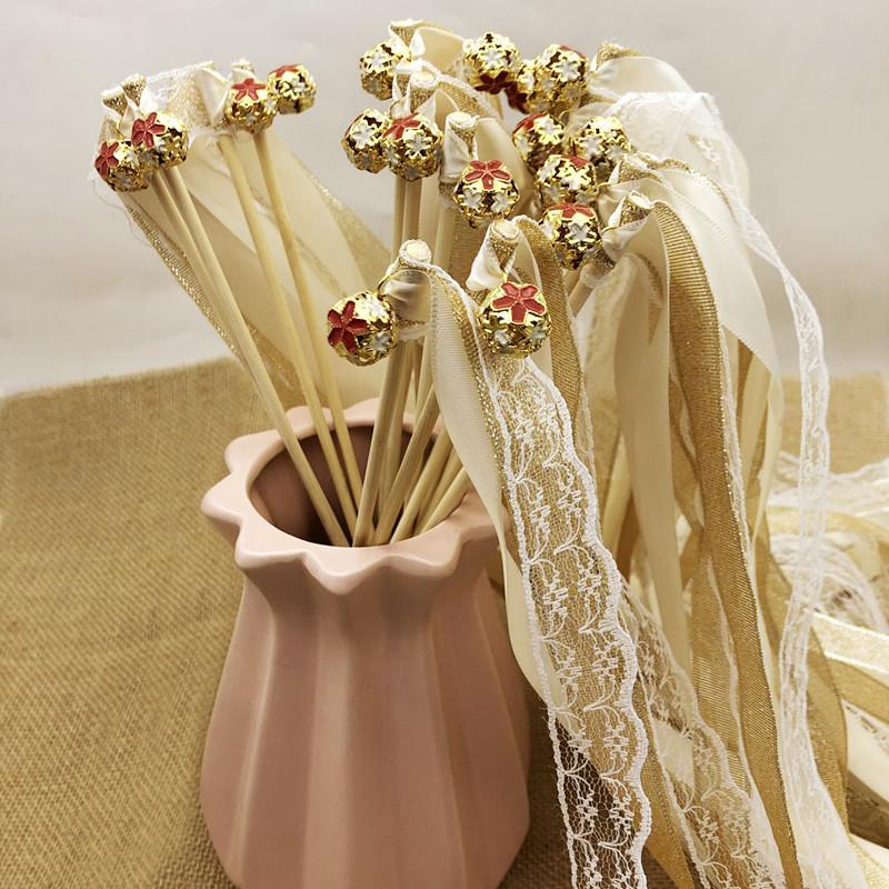 

Party Decoration 50pcs Satin Ribbon Wedding Wands Fairy Sticks With Gold Bell Pink Purple For Lawn Shower Decor Twirling Streamers