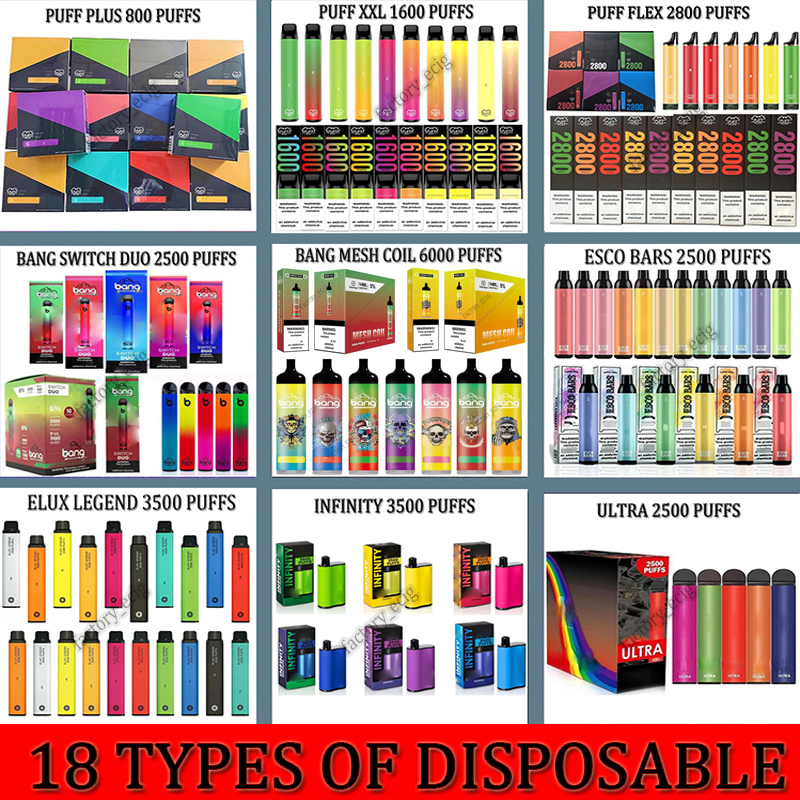 

Disposable Elux Legend Bang XXL Puff Bar Plus Flex Esco Bars Ultra Infinity Air Bar Max E Cigarettes 800 1600 2000 2500 3300 3500 6000 8000 Puffs Rebel Rechargeable Kit