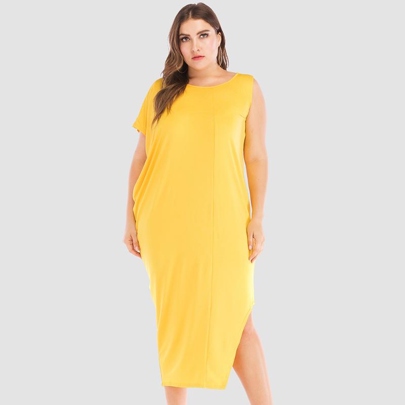 

Plus Size Long Loose Casual Women Summer O-Neck Maxi Asymmetrical Boho Short Sleeves Large Solid Holiday Dresses, Blue