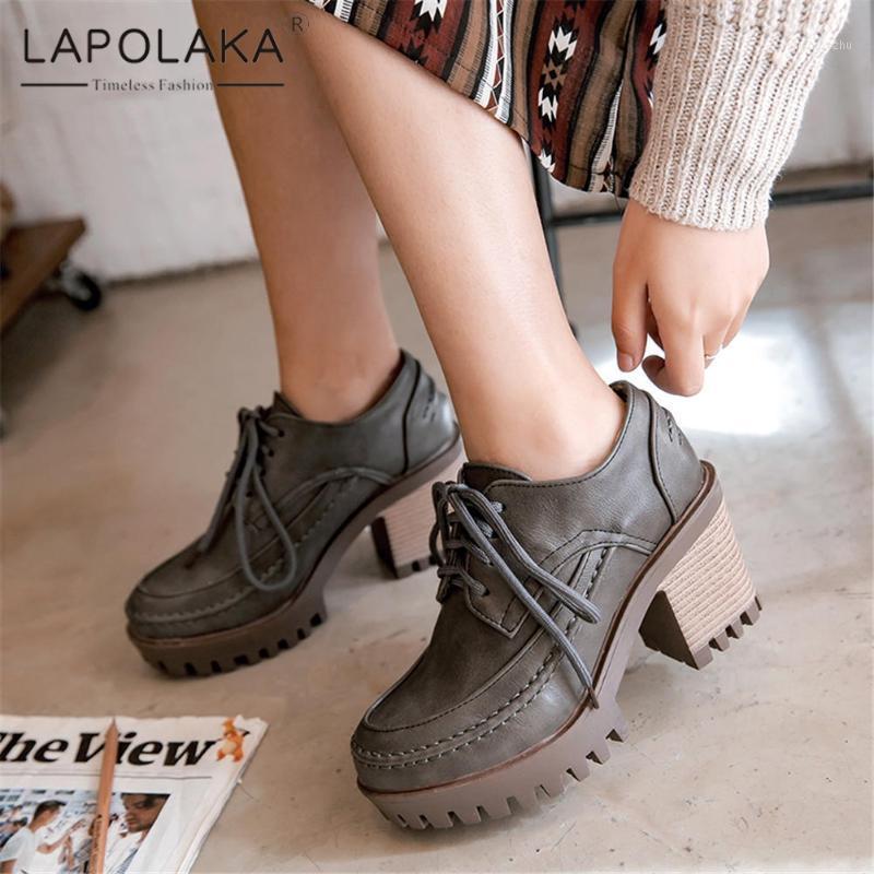 

Lapolaka 2020 Hot Sale Big Size 43 Thick Heels Office Lady Pumps Woman Shoes Lace Up Platform High Heel Female Pump Footwear1, Beige