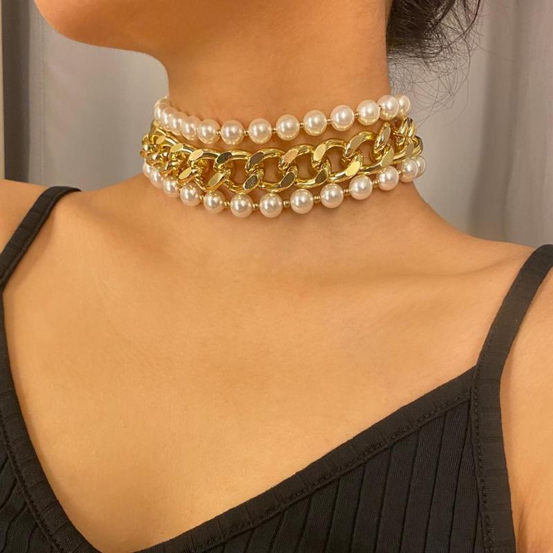 

Punk Multilayer Containment Miami Cuban Imitation Pearl Chain Beaded Chain Clavicle Necklace Women's Wedding Party Jewelry