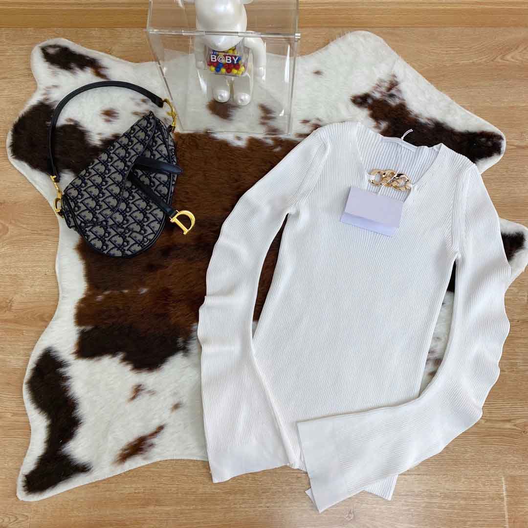 

Fashion Stylist Women' Tees Simple 2020AW High StreetWear Knits with Chain Simply Style Long Sleeve Slim Female Black and White Top -L