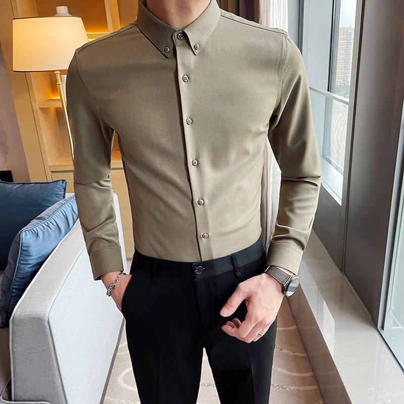 

New Arrival Spring 2021 Men Dress Shirts Long Sleeve Simple All Match Business Formal Wear Slim Fit Tuxedo Blouse Homme 5Colors, Pink
